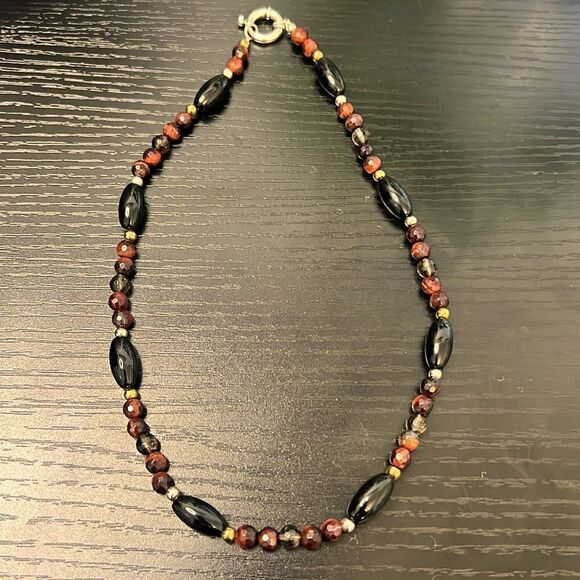 Lovely Grace and Heart Raja Tiger Eye-Onyx-Mixed Metals Necklace - Picture 6 of 6